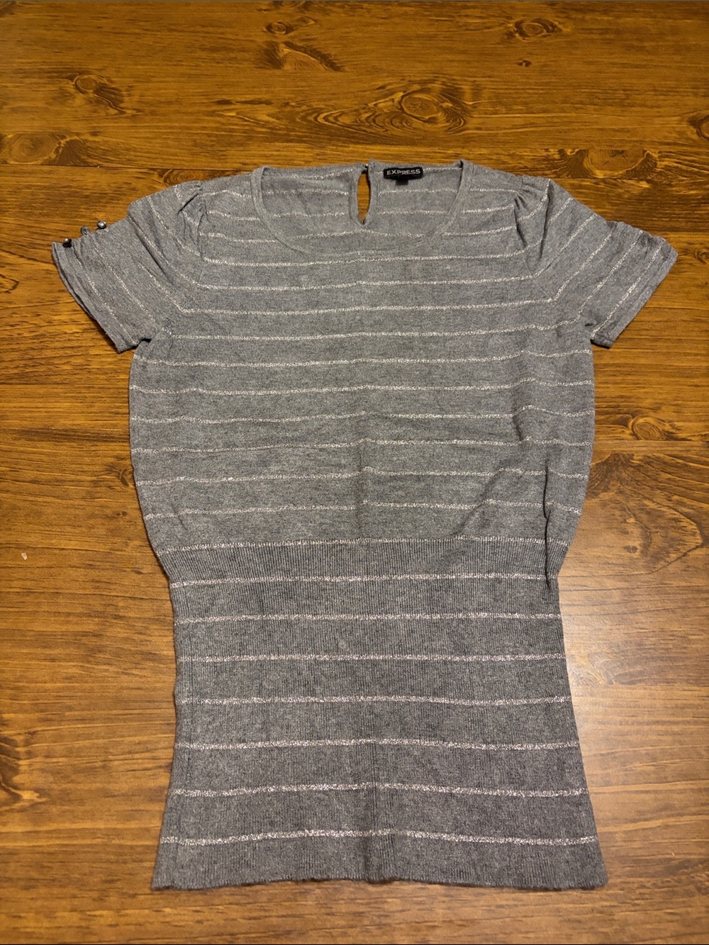 Express Gray Striped Short Sleeve Knit Top with Subtle Metallic Thread